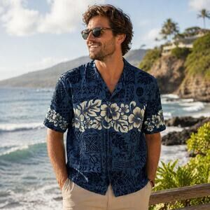 Hawaiian Togs Vintage Blue Floral Short Sleeve  Shirt Medium